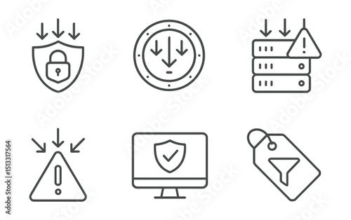 Line style icons of cybersecurity and privacy: DDoS protection icon, traffic flood badge, server overload panel, rate limiting layout, distributed attack alert, DDoS mitigation screen, traffic filter