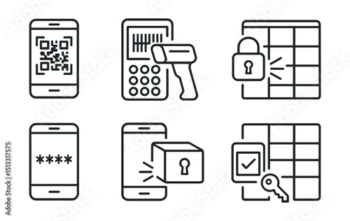 Line style icons of pickup points and parcel lockers: QR code on screen, barcode scanner on terminal, scan-to-open icon, mobile screen with code, box unlock with app, scan and collect badge, quick