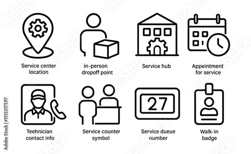 Line style icons of service logistics: service center location icon, in-person dropoff point, service hub building, appointment for service, technician contact info, service counter symbol, service