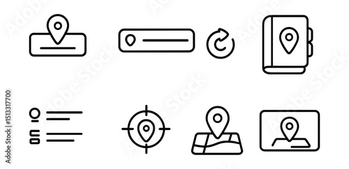Line style icons of delivery app UI: delivery address input, autocomplete field, address book icon, change location button, saved locations list, GPS locate button, map pin drop icon, confirm address
