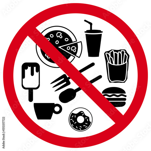 No Food Allowed or Eating Prohibition Sign, Restricted Area for Meals Symbol