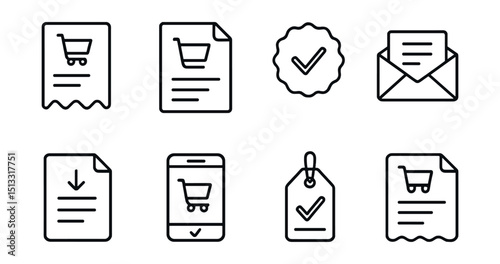 Line style icons of e-commerce journey: digital receipt icon, order summary document, payment confirmation badge, email receipt icon, downloadable invoice, transaction complete screen, confirmation