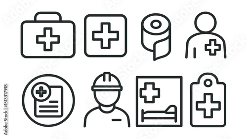 Line style icons of workplace safety: first aid kit icon, cross in box symbol, emergency bandage icon, medical assistance sign, accident report badge, safety responder icon, treatment zone layout,