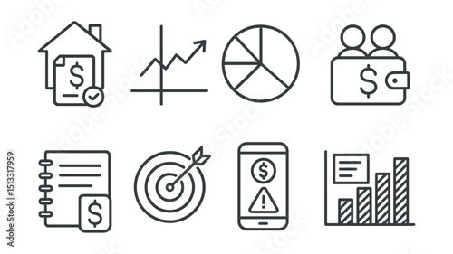 Line style icons of personal finance: household budget icon, income vs expenses graph, budget category wheel, shared wallet badge, planner notebook symbol, budget goal target, expense limit alert,