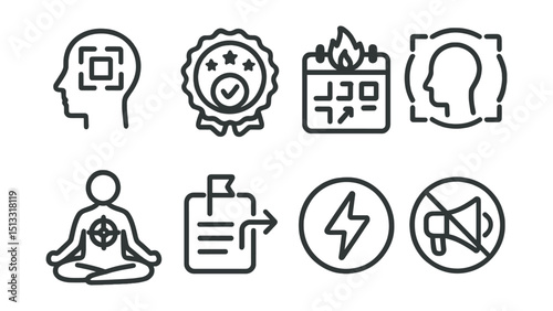 Line style icons of goals and achievements: focus mode icon, distraction-free zone badge, productivity streak symbol, concentration bubble, mindful goal pursuit, single-task flow icon, focused energy