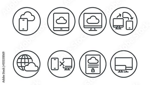 Line style icons of cloud technology: cloud access from phone, cloud on tablet icon, cloud on desktop symbol, synchronized device group, universal access badge, cross-platform symbol, cloud login