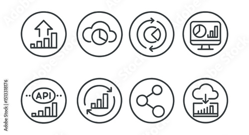 Line style icons of visual data and infographics: data upload chart icon, cloud with graph ring, real-time sync metric, online dashboard ring, API data integration symbol, live data feed circle,