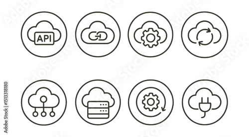 Line style icons of cloud technology: API cloud icon, integration badge, cloud with gear symbol, cloud automation loop, cloud connector node, backend service icon, custom setup ring, cloud plugin