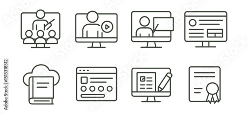 Line style icons of digital education: virtual classroom icon, video lesson, shared screen, learning management system, online quiz, cloud textbook, remote test, digital certificate.