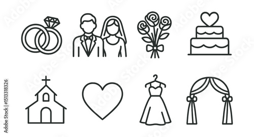 Line style icons of wedding: wedding rings, bride and groom, bouquet of flowers, wedding cake, church icon, love heart, wedding dress, ceremony arch.