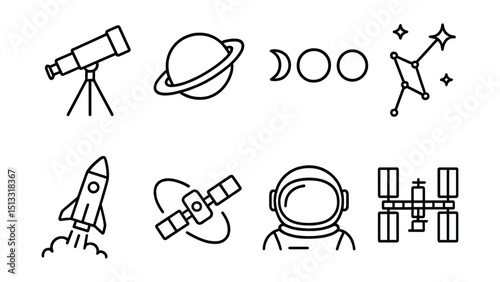 Line style icons of astronomy and space: telescope, planet ring, moon phases, star constellation, rocket launch, satellite in orbit, astronaut helmet, space station.