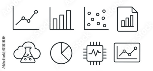 Line style icons of scientific data: line graph, bar chart, scatter plot, data set file, cloud storage for research, statistics icon, data processing chip, analytics dashboard.