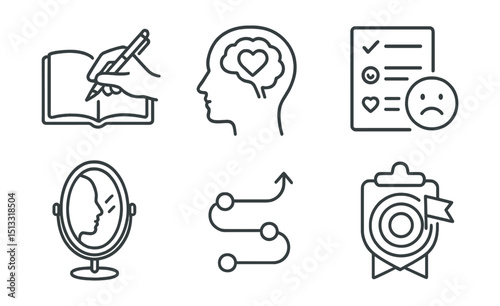 Line style icons of mental wellness: journaling hand, healthy thought icon, emotional check-in, gratitude list, reflection mirror, progress path, mental recharge, goal-setting badge.