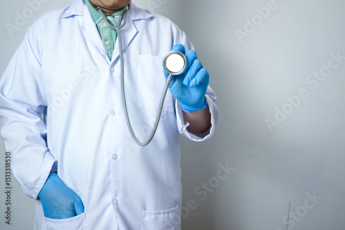Close up portrait of doctor in spectacles with stethoscope in ear listen you carefully attentively stand isolated on light gray background make hollywood smile