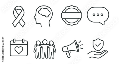 Line style icons of mental health awareness: awareness ribbon, open mind symbol, stigma-free badge, talk about it bubble, mental health day, community support icon, campaign megaphone, safe sharing