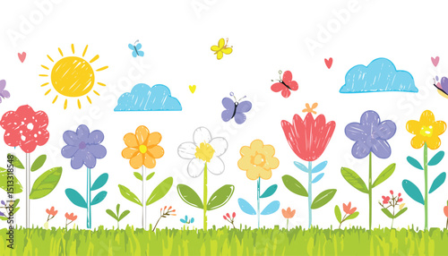 Flower kid crayon pencil vector. Childish spring floral background. Child color crayon chalk hand drawn with plant grass and spring flower. Pastel kid draw illustration.blackboard, border, chalk, 