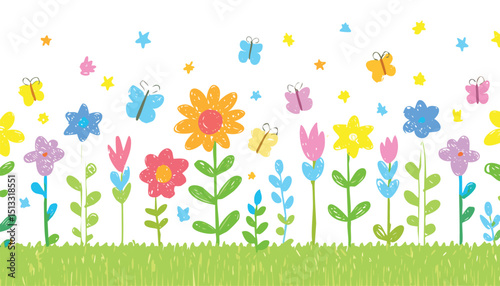 Flower kid crayon pencil vector. Childish spring floral background. Child color crayon chalk hand drawn with plant grass and spring flower. Pastel kid draw illustration.blackboard, border, chalk, 