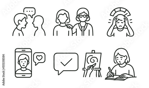 Line style icons of youth mental health: teen talking icon, peer support, school counselor icon, youth stress scale, phone help icon, safe chat bubble, expressive art, journaling teen.