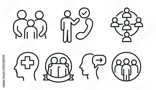 Line style icons of support systems: family support icon, friend check-in, crisis line phone, community network, mental health first aid, peer support badge, therapy referral, trust circle.