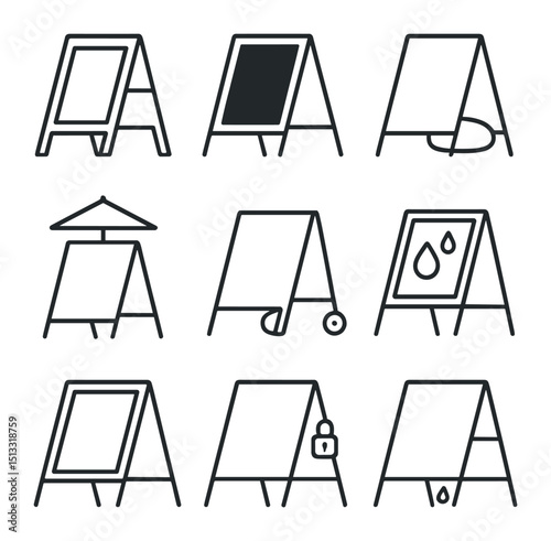 A-frame Sign Icons. Outline icon set of outdoor A-frame display stand: sidewalk sign, chalkboard insert, sandbag weight, umbrella