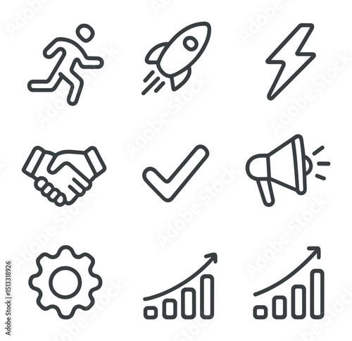 Action Verb Icons. Outline icon set of actionable verbs: running figure, rocket launch, forward arrow, lightning bolt, handshake,