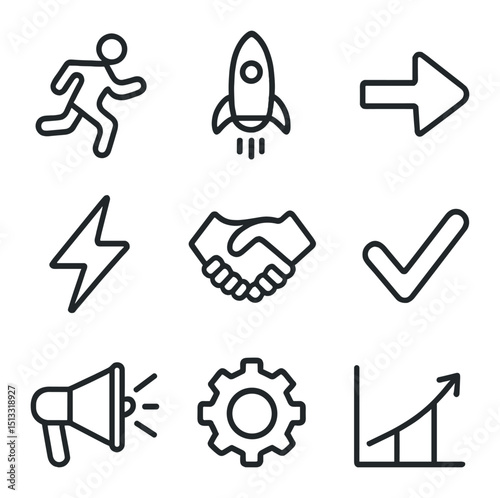 Action Verb Icons. Outline icon set of actionable verbs: running figure, rocket launch, forward arrow, lightning bolt, handshake,
