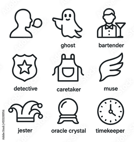 Actor Persona Icons. Outline icon set of actor personas: narrator silhouette, ghost guide, bartender icon, detective badge,