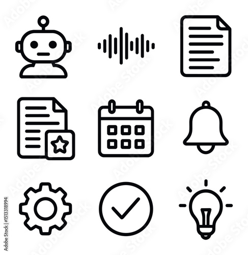 AI Meeting Assistant Icons. Outline icon set of AI-powered meeting assistant: robot, speech recognition waveform, transcript