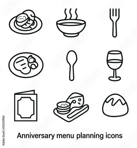 Anniversary Menu Icons. Outline icon set of anniversary menu planning: appetizer plate, soup bowl, salad fork, entree dish,