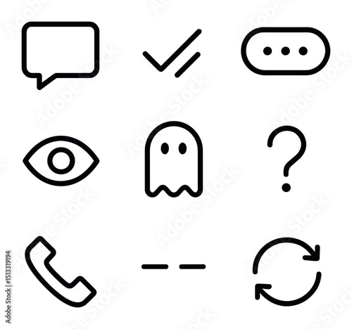 Communication Icons Grid. Outline icon set of communication and ghosting behaviors: chat bubble, read receipt, typing indicator,