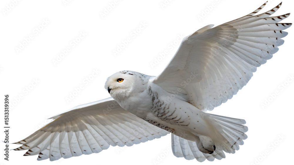 Obraz premium Snowy owl flying with wings spread, isolated on transparent background