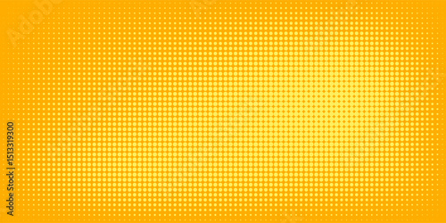 Yellow halftone pattern. Retro comic gradient background. Bright orange pixelated dotted texture overlay. Cartoon pop art faded gradient pattern. Vector backdrop for poster, banner, advertisement