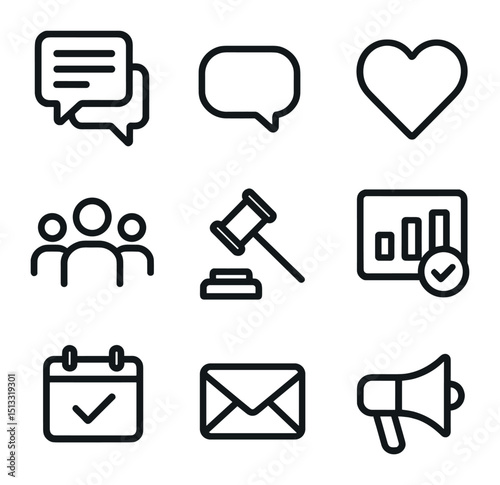 Community Engagement Icons. Outline icon set of community engagement: forum thread, comment bubble, like heart, group avatar,