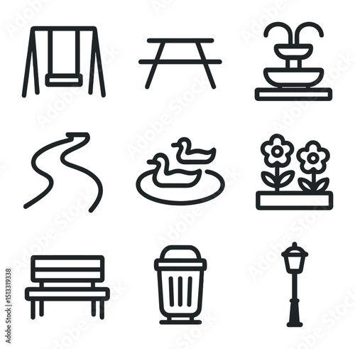 Community Park Icons. Outline icon set of community park spaces: playground swing, picnic table, fountain, walking path, pond with
