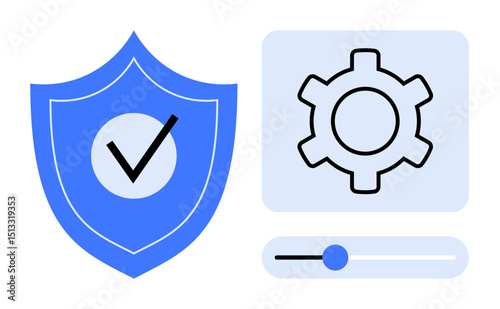 Blue shield with checkmark, gear icon, and slider symbolizing security, privacy, protection, customization. Ideal for cybersecurity, data protection, preferences UI design online safety simple