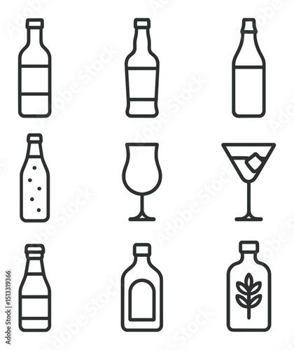 Outline Aperitifs Icons. Outline icon set of aperitifs and digestifs: Campari, Aperol, vermouth, bitters bottle, soda water,