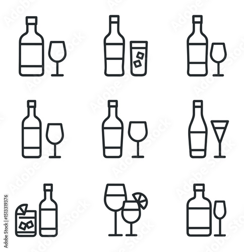 Aperitif Icons Set. Outline icon set of aperitif selections: sweet vermouth, Campari, Aperol, Lillet, fino sherry, dry vermouth,