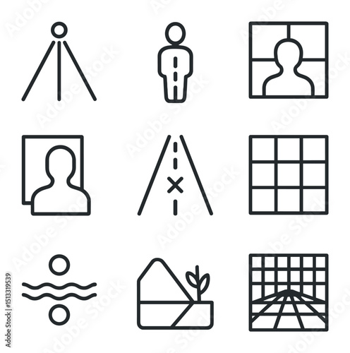 Composition Icons Set. Outline icon set of composition and perspective: leading lines, symmetry axis, framing window, silhouette