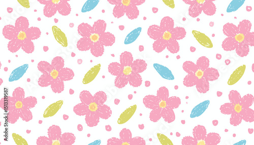 Flower pattern. Floral seamless pink vector background. Crayon spring simple print pattern. Chalk flower, abstract cute pastel summer design. Wax pencil modern child background. chalk, children,
