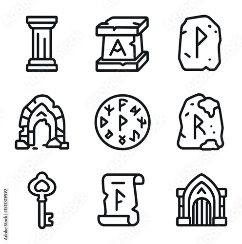 Arcane Runes Icon Set. Outline icon set of arcane runes and ruins: stone pillar, broken altar, rune tablet, shattered arch, glyph