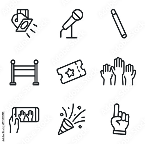 Concert Icon Set. Outline icon set of concert audiences: stage light, microphone stand, glowstick, barrier fence, ticket stub,