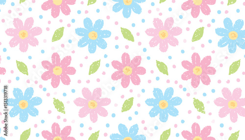 Flower pattern. Floral seamless pink vector background. Crayon spring simple print pattern. Chalk flower, abstract cute pastel summer design. Wax pencil modern child background. chalk, children,