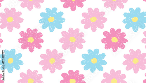 Flower pattern. Floral seamless pink vector background. Crayon spring simple print pattern. Chalk flower, abstract cute pastel summer design. Wax pencil modern child background. chalk, children,