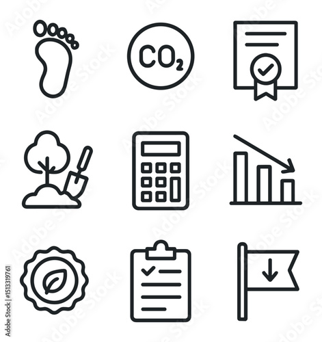 Carbon Footprint Iconography. Outline icon set of carbon footprint management: footprint icon, CO₂ molecule, offset certificate,