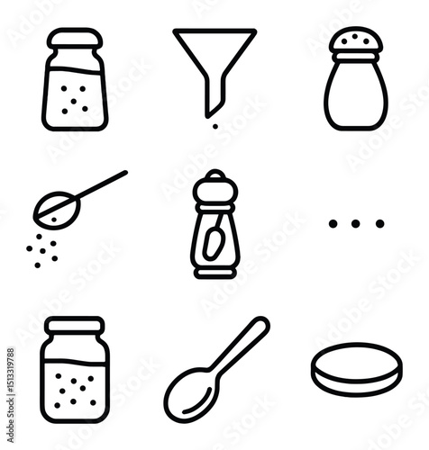 Condiments Icon Set. Outline icon set of refilling kitchen condiments: salt, shaker, funnel, pepper, spices, seasoning, jar, spoon