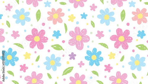 Flower pattern. Floral seamless pink vector background. Crayon spring simple print pattern. Chalk flower, abstract cute pastel summer design. Wax pencil modern child background. chalk, children,