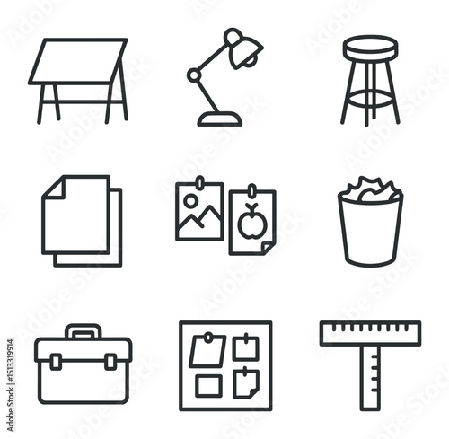 Artist Workspace Icons. Outline icon set of artist’s workspace: drafting table, desk lamp, stool, paper stack, pinned sketches,