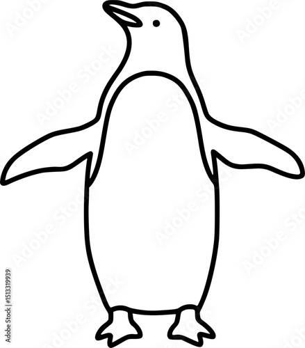 Minimal outline of a standing penguin with open flippers, drawn in clean black lines on plain white background.