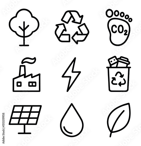 Environmental Impact Icons. Outline icon set of environmental impact: tree icon, recycling symbol, carbon footprint, paper mill,
