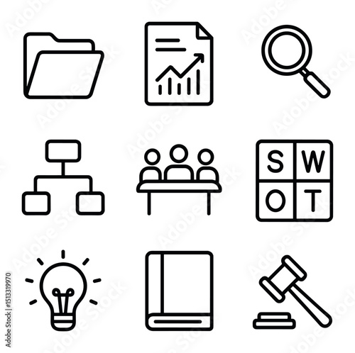 Case Study Icons. Outline icon set of case study method: open file folder, document with chart, magnifying glass, courtroom gavel,